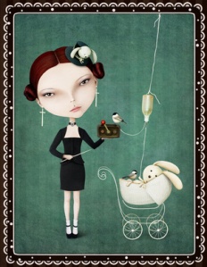 Conceptual illustration or vintage card with girl and bunny